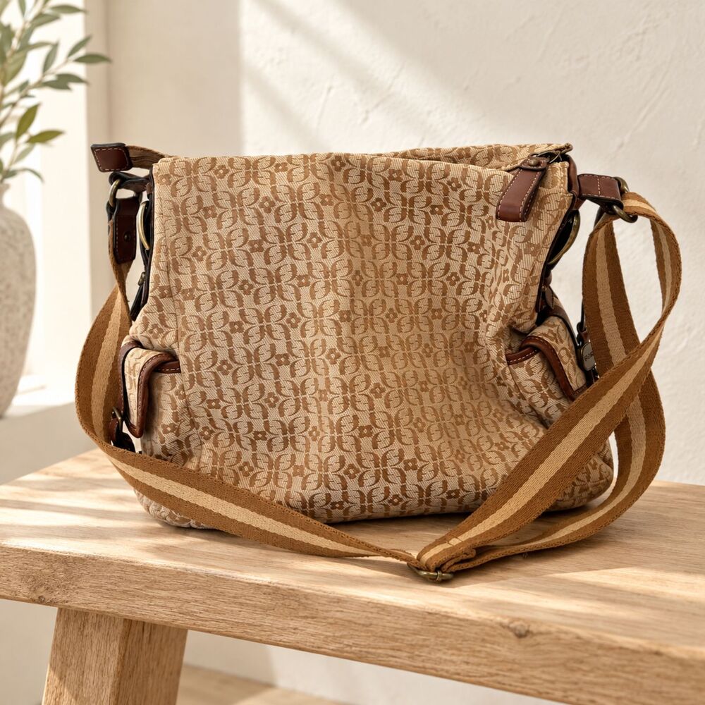Fossil Vintage Signature Jacquard Crossbody Messenger Bag Tan Brown Buckle Strap